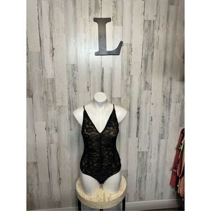 Windsor Black Lace Bodysuit Size L Sheer Floral Lace Criss Cross Back Lingerie T